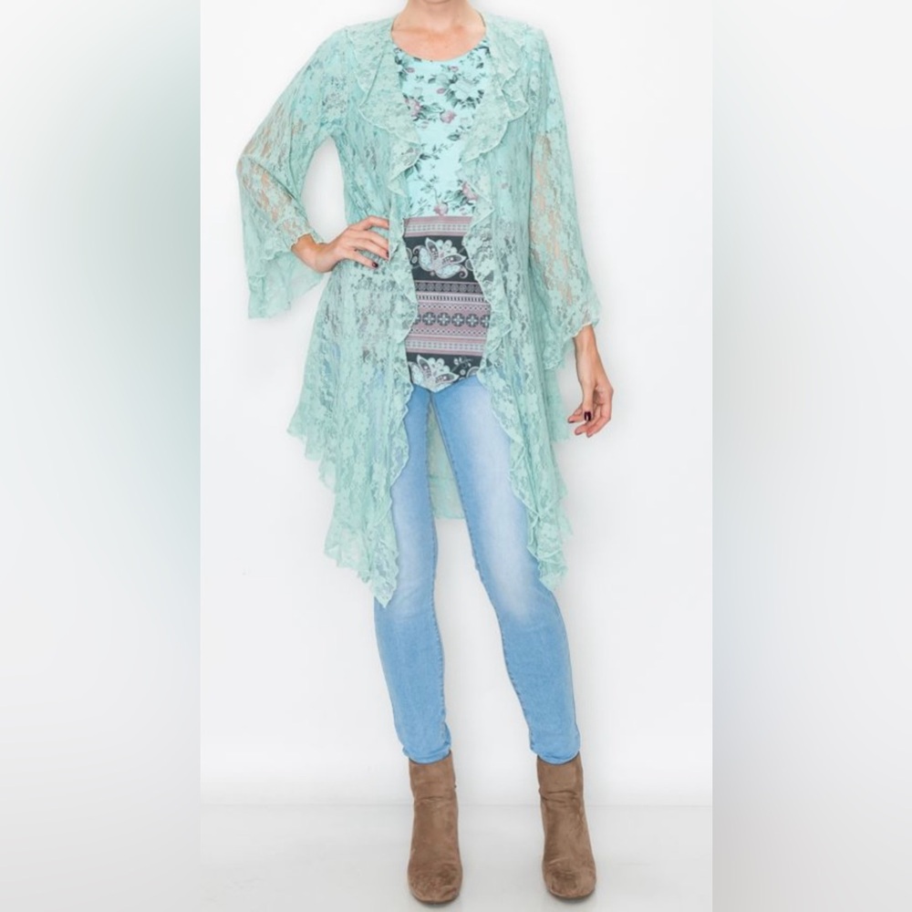 NWT Origami Elegant Mint Green Lace Open Drape Cardigan